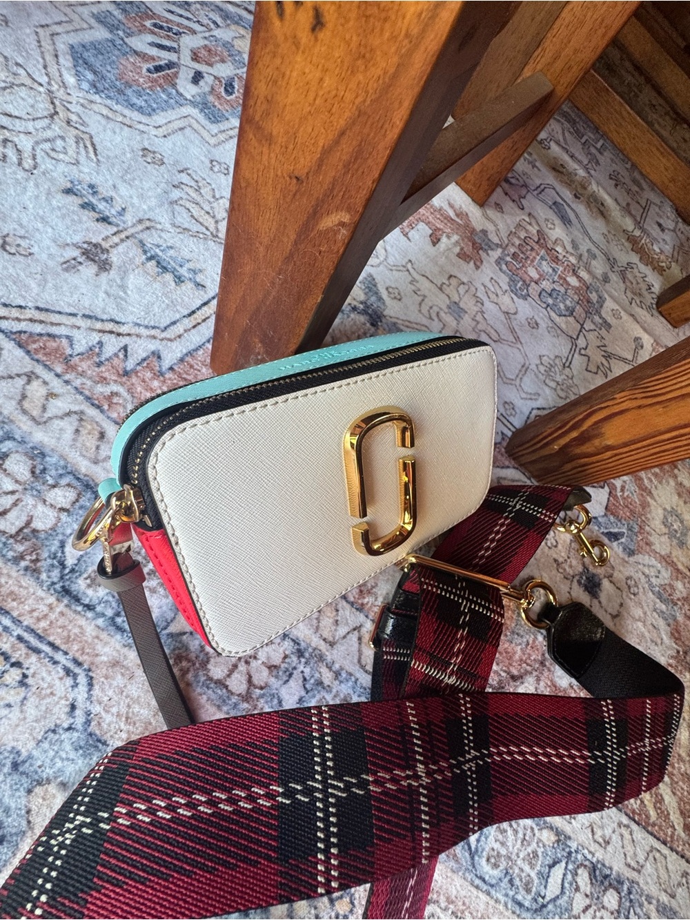 Marc Jacobs Colorblock White, Red & Turquoise Leather Crossbody with Plaid Strap